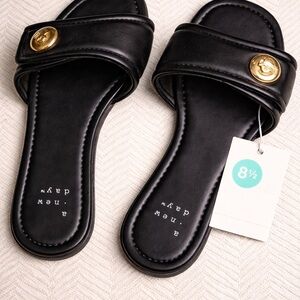 a new day Black Slide Mules with Gold Button Detail